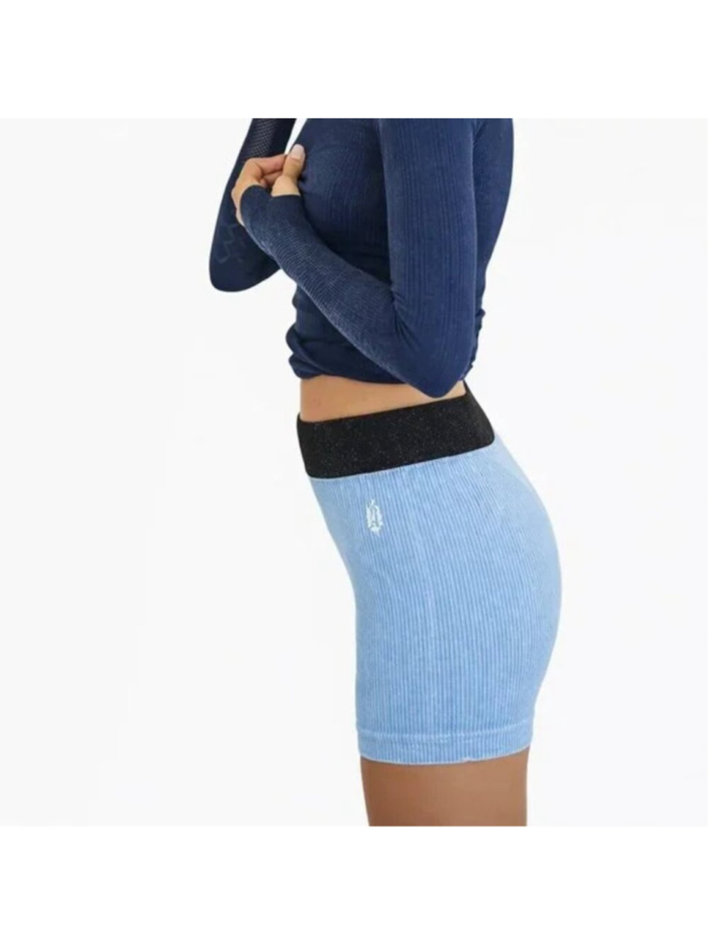 FREE PEOPLE FP MOVEMENT Prajna Seamless Ribbed 4" Shorts Blue M/L Stretch Gym